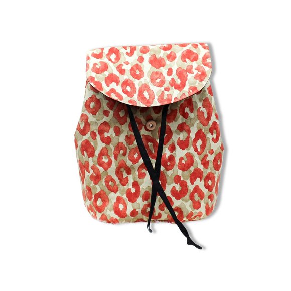 Red Animal Print Backpack Purse, Cinch Bag, Handmade, Leopard, Cheetah, Canvas
